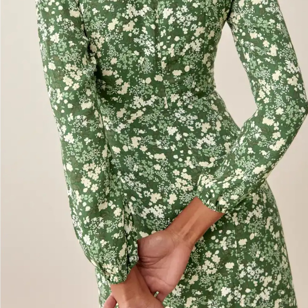 Reformation Reza Dress Green with floral Wrap Dress with Bishop Sleeves - Picture 4 of 8